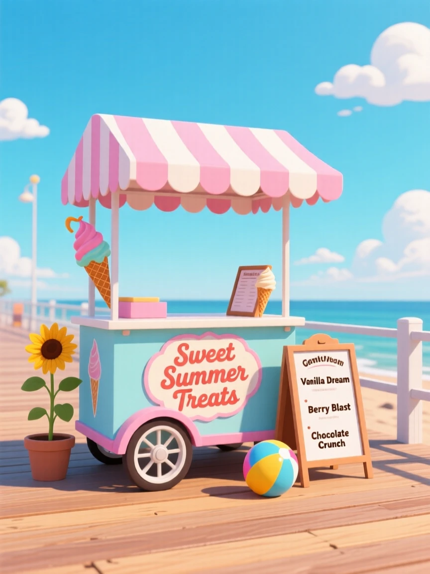 A cheerful ice cream cart parked on a sunny summer boardwalk, set against a crisp, clear seasonal sky, framed with soft atmospheric depth fitting the season, with a fresh, crisp atmosphere throughout.