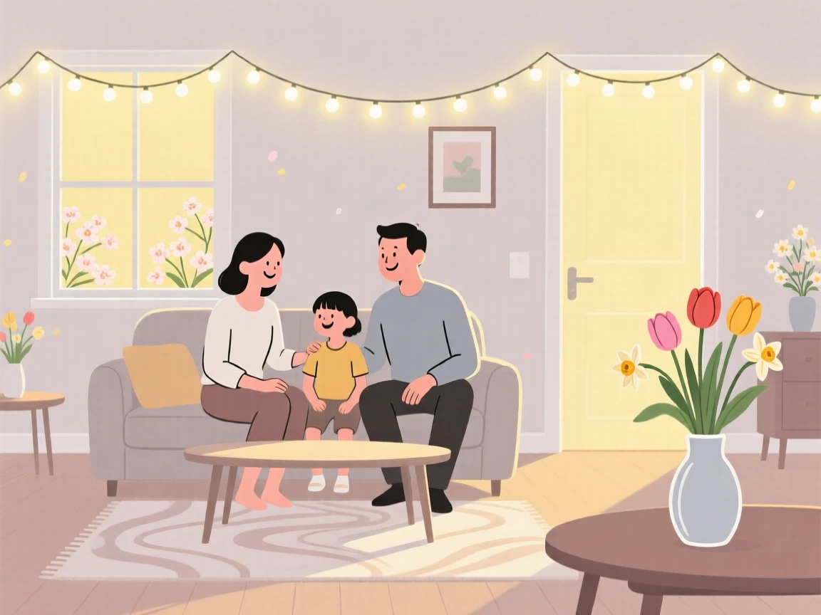 A spring celebration with glowing lights filling a family home.