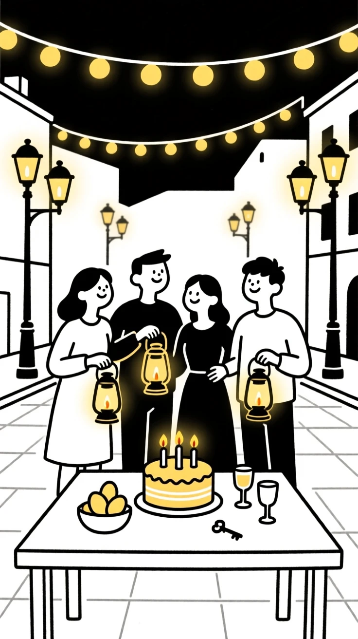 Friends gathered for a festival of lights in a festively lit town square, surrounded by a table of festive food, radiating shared happiness.
