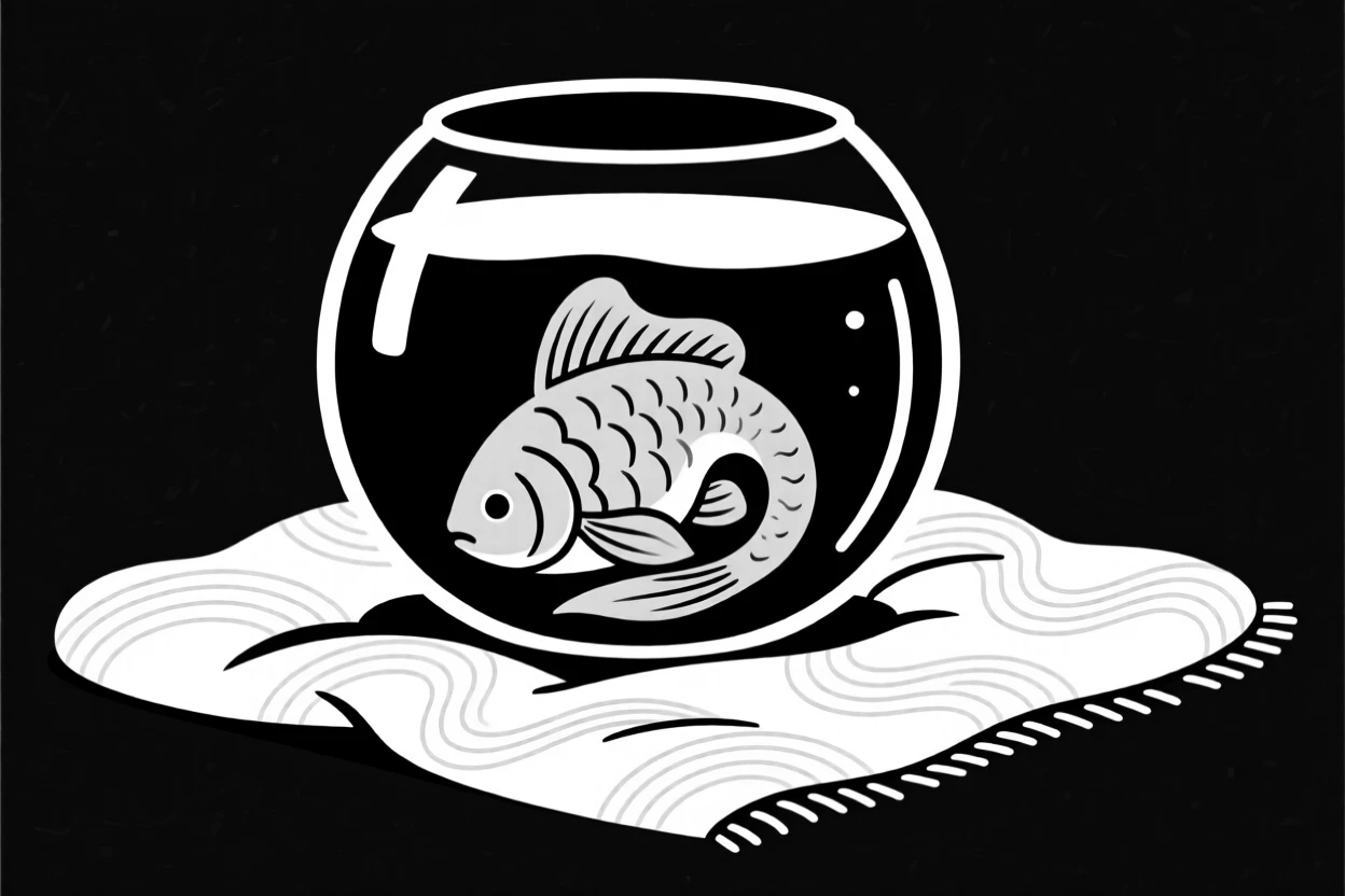 A goldfish in a bowl curled up on a cozy blanket.