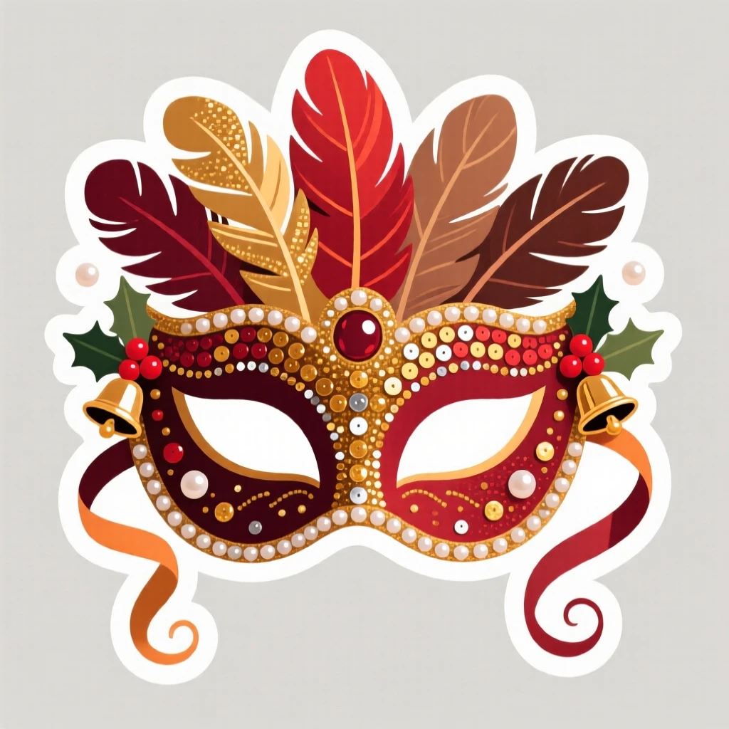 A warmly nostalgic costume party mask with feathers and sequins, decorated with ribbons and small ornaments, during the most magical time of year.