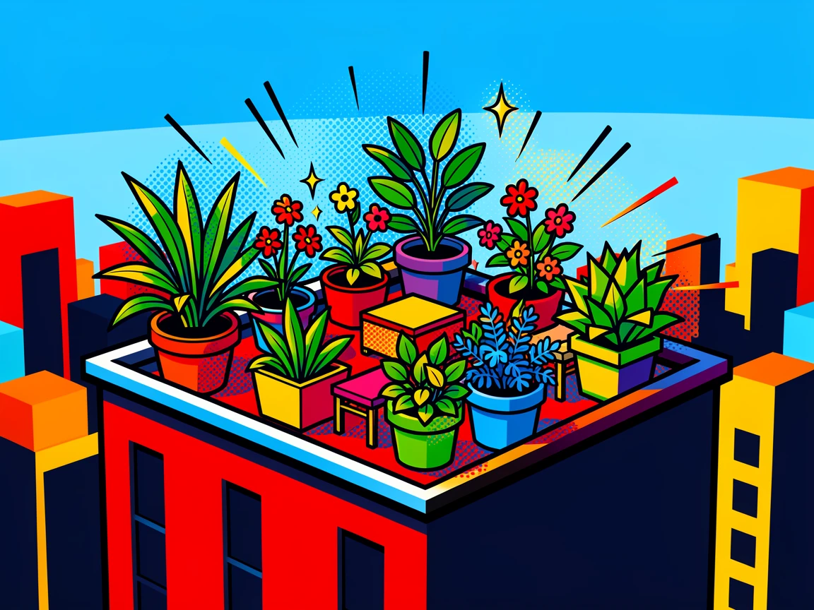 A rooftop garden overlooking a bustling downtown