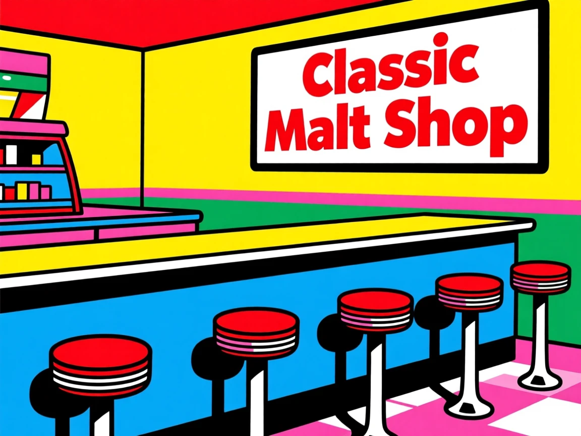 Classic malt shop counter with red stools