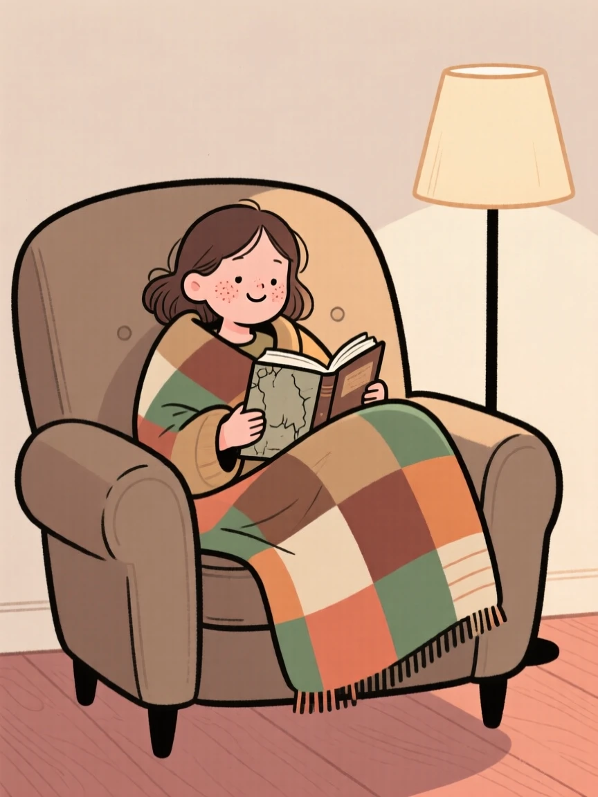 A young woman curls up in a overstuffed armchair beside a softly glowing lamp, wrapped in a patchwork blanket while reading a worn paperback.