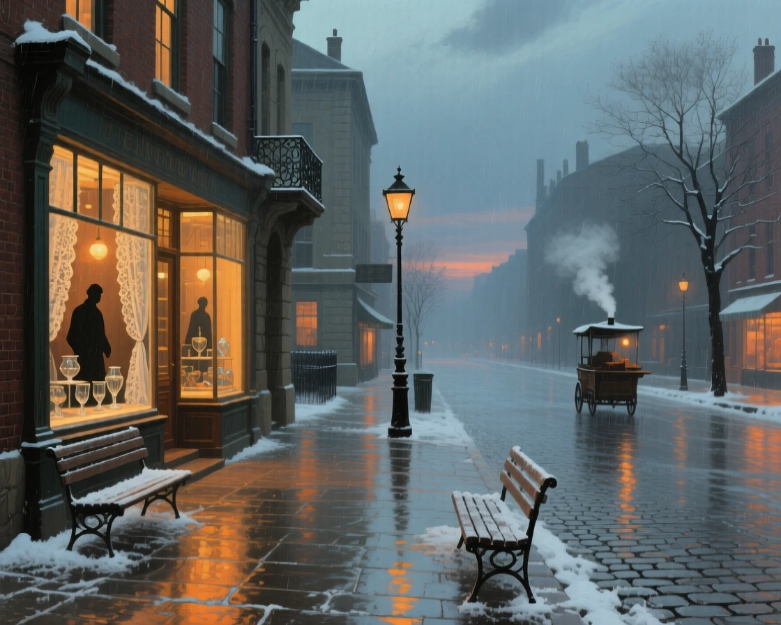 An expansive vista of a rain-soaked street reflecting the warm glow of shop windows, at twilight, in the quiet stillness of midwinter.