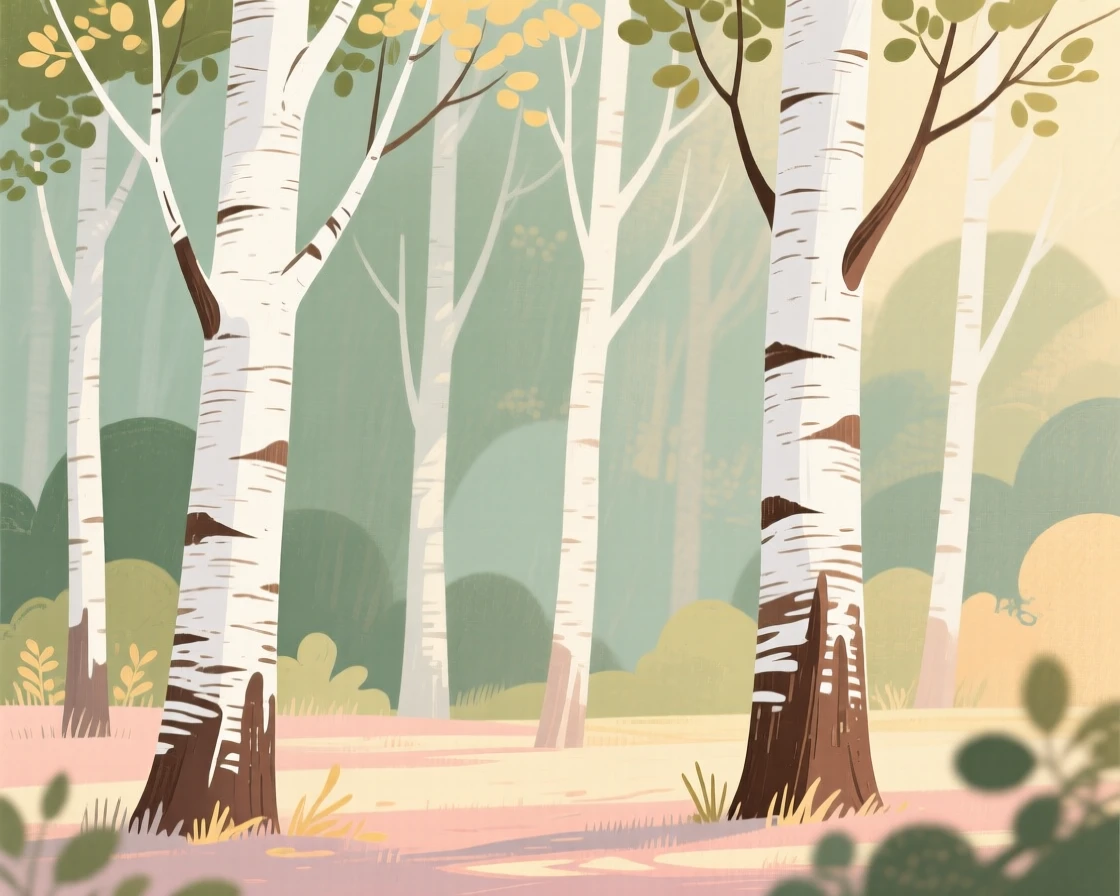A grove of white birch trees with peeling silver bark