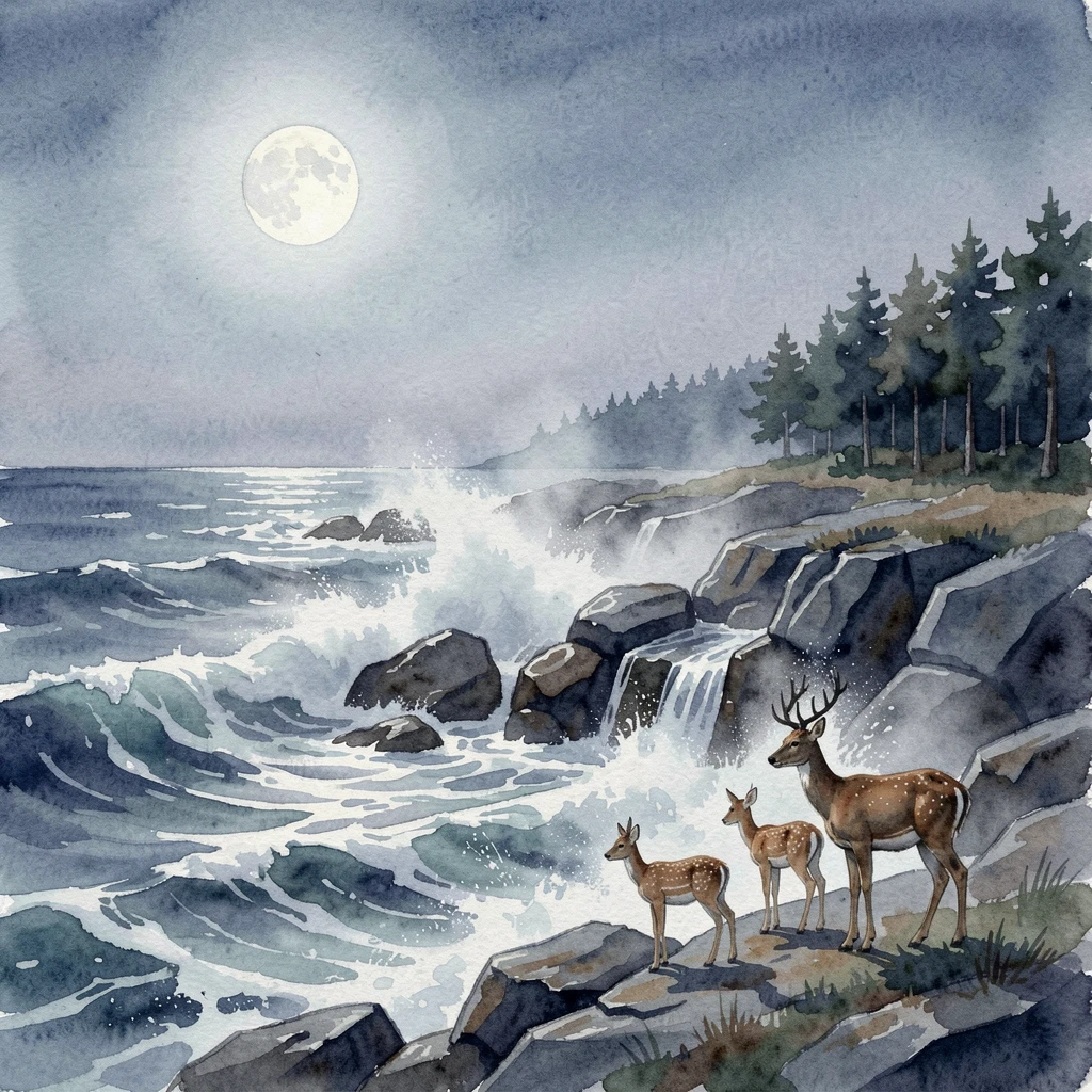 A rugged coastline with crashing waves under a full moon with a family of deer at the tree line.