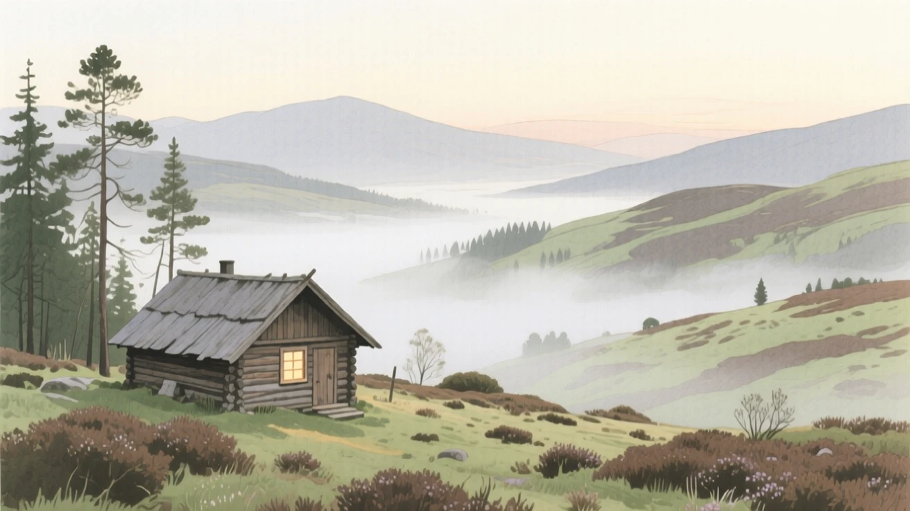 A breathtaking view of a highland moor as fog lifts from the valley, with a rustic cabin tucked among the trees