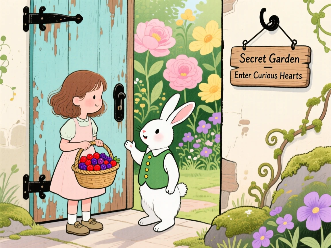 A girl with a basket of berries and a talking rabbit in a tiny vest exploring a secret garden behind an old door together.