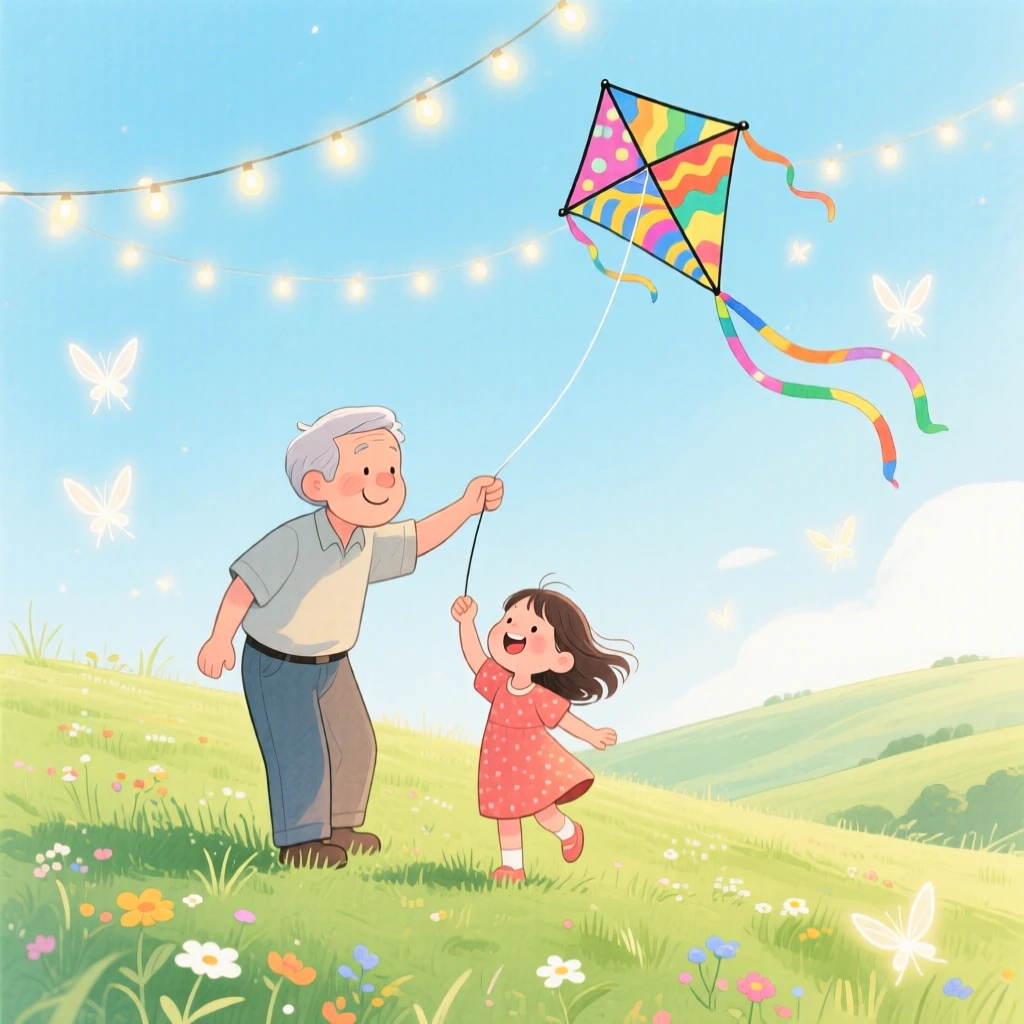 A grandfather teaching his granddaughter to fly a kite, in an open green hillside under a bright sky, with twinkling fairy lights strung overhead, the gentle passing down of simple joys.