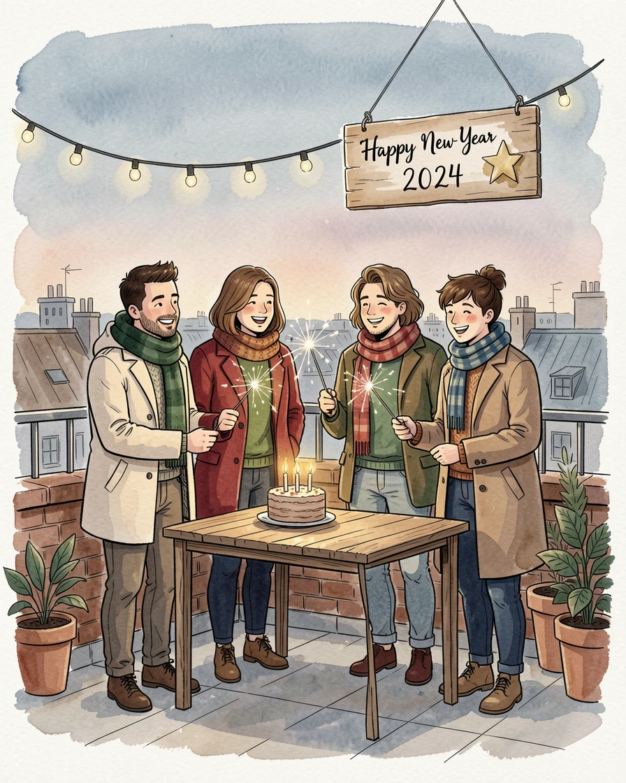 A New Year's celebration with sparklers lighting up a rooftop gathering, the mood cozy, joyful, and full of seasonal spirit.