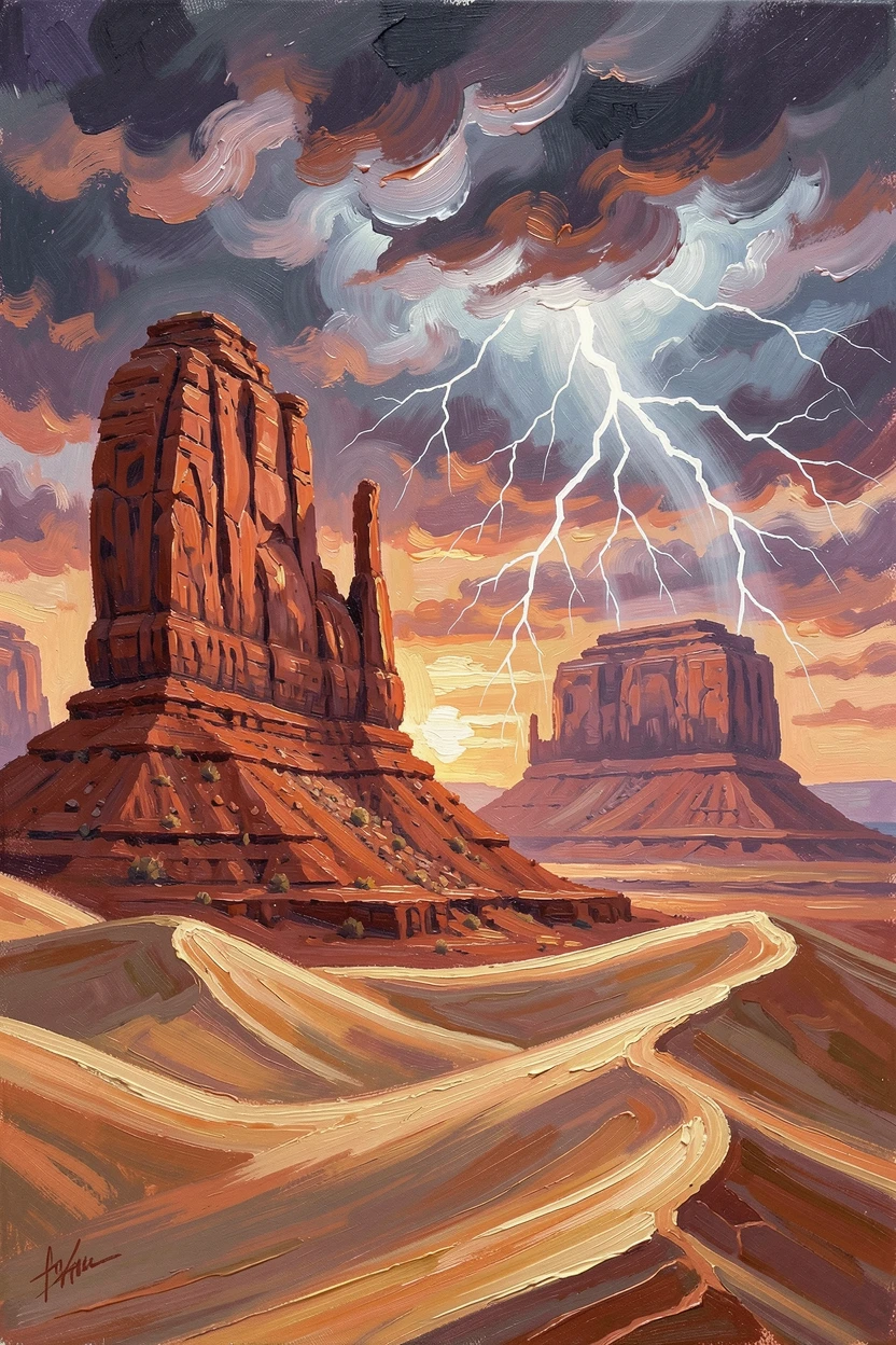 Towering red sandstone rock formations, lightning flickering over distant mesas during a rare desert storm, where wind has sculpted the dunes into flowing ridges, at sunrise, the rock glowing deep red and orange.