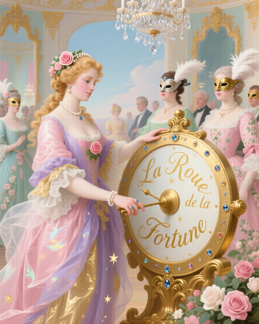 A lady representing fortune, turning a gilded wheel in a ballroom of masks  