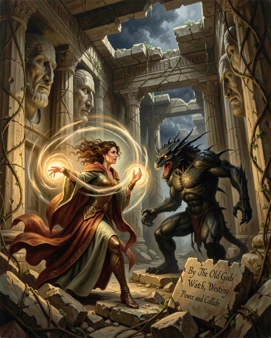 A powerful sorceress battles a monster within a crumbling ancient temple beneath the gaze of the old gods.