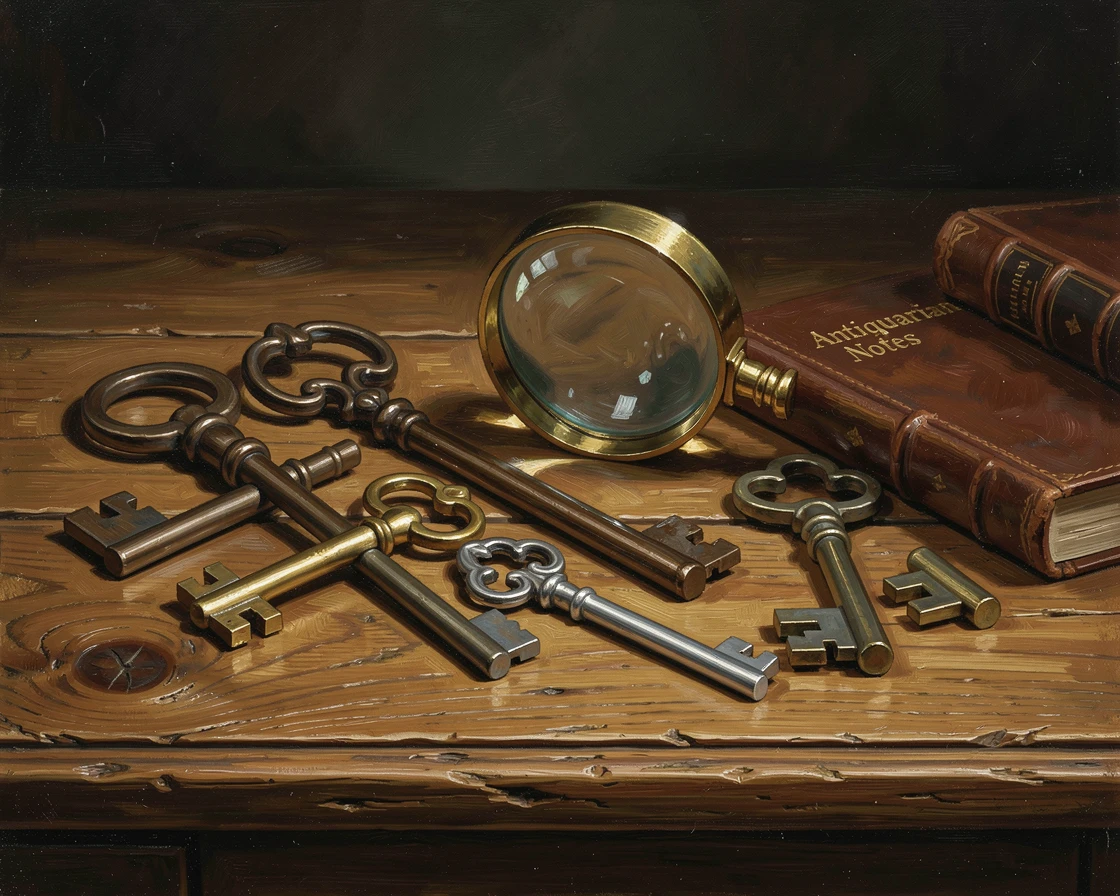 A collection of antique keys and a magnifying glass on a wooden desk, as reflections shimmer subtly across polished surfaces, designed as a sophisticated piece for upscale interior decor