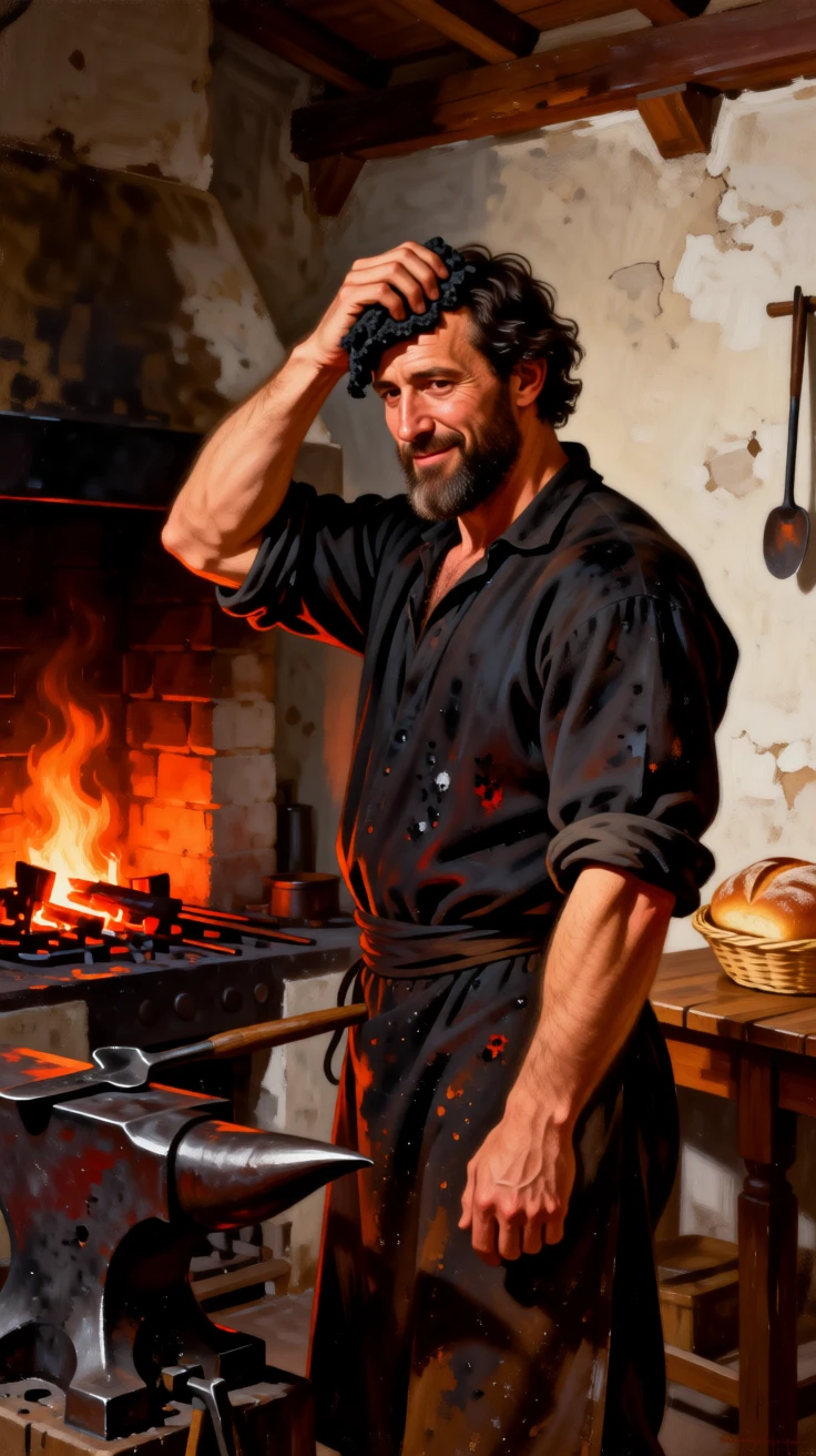 A blacksmith wiping soot from his brow beside a glowing forge lost entirely in private thought, set in a modest cottage kitchen filled with the smell of bread, with a faint, knowing smile just touching the corner of the mouth; the pose is turned gently off-center for a natural, candid feel, conveying quiet dignity and inner life.