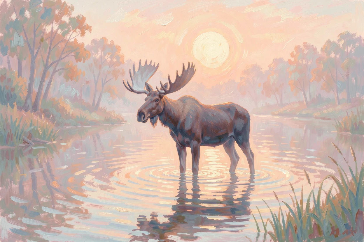 A moose standing knee-deep in a misty lake at dawn, antlers silhouetted against the rising sun, as the first light of dawn breaks.