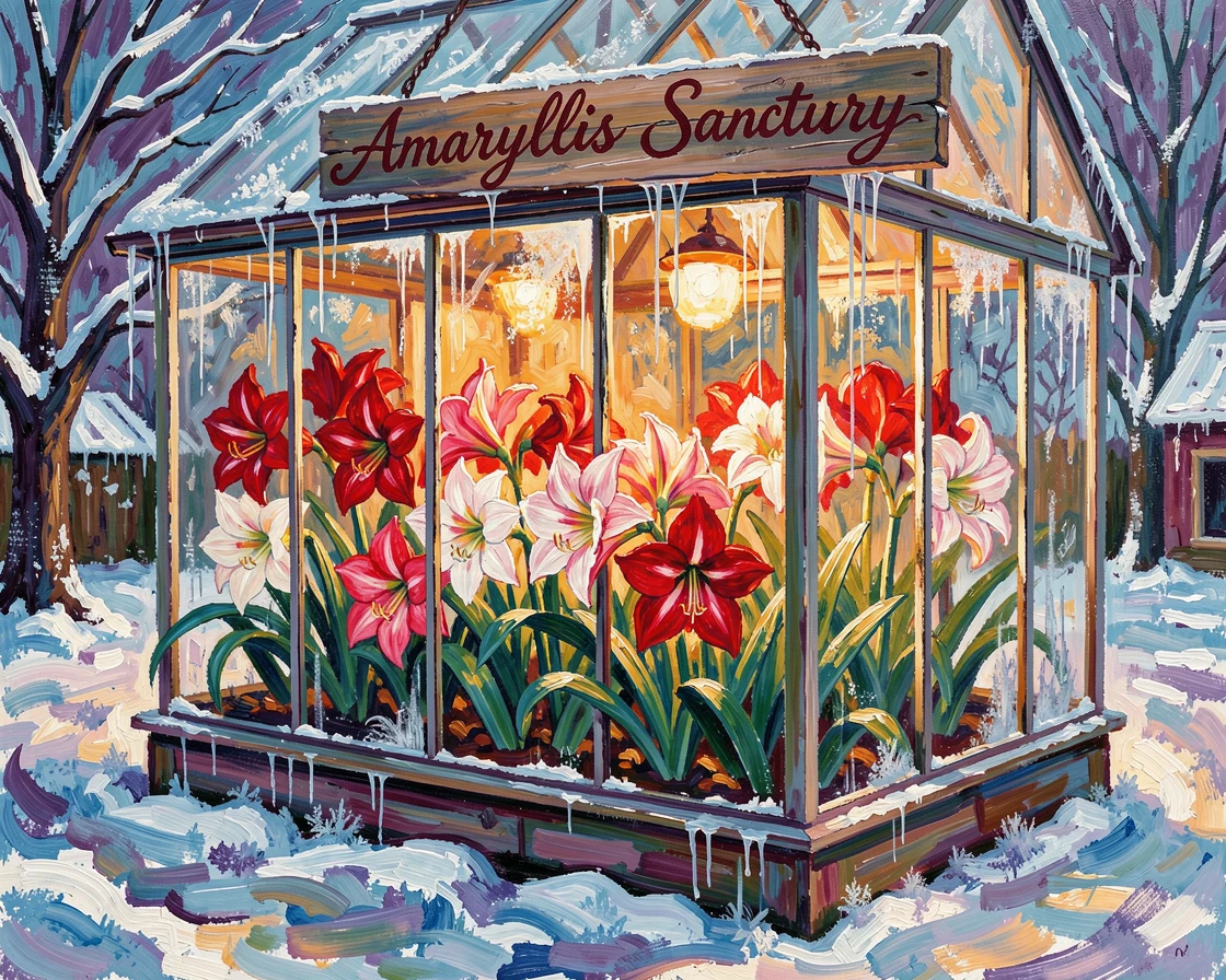 A greenhouse of blooming amaryllis glowing warmly against a snowy winter backdrop.