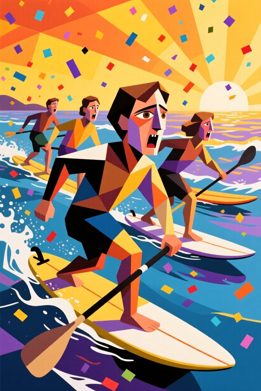 An energetic scene of a group of surfers paddling out at golden hour, captured amid falling confetti and cheers.