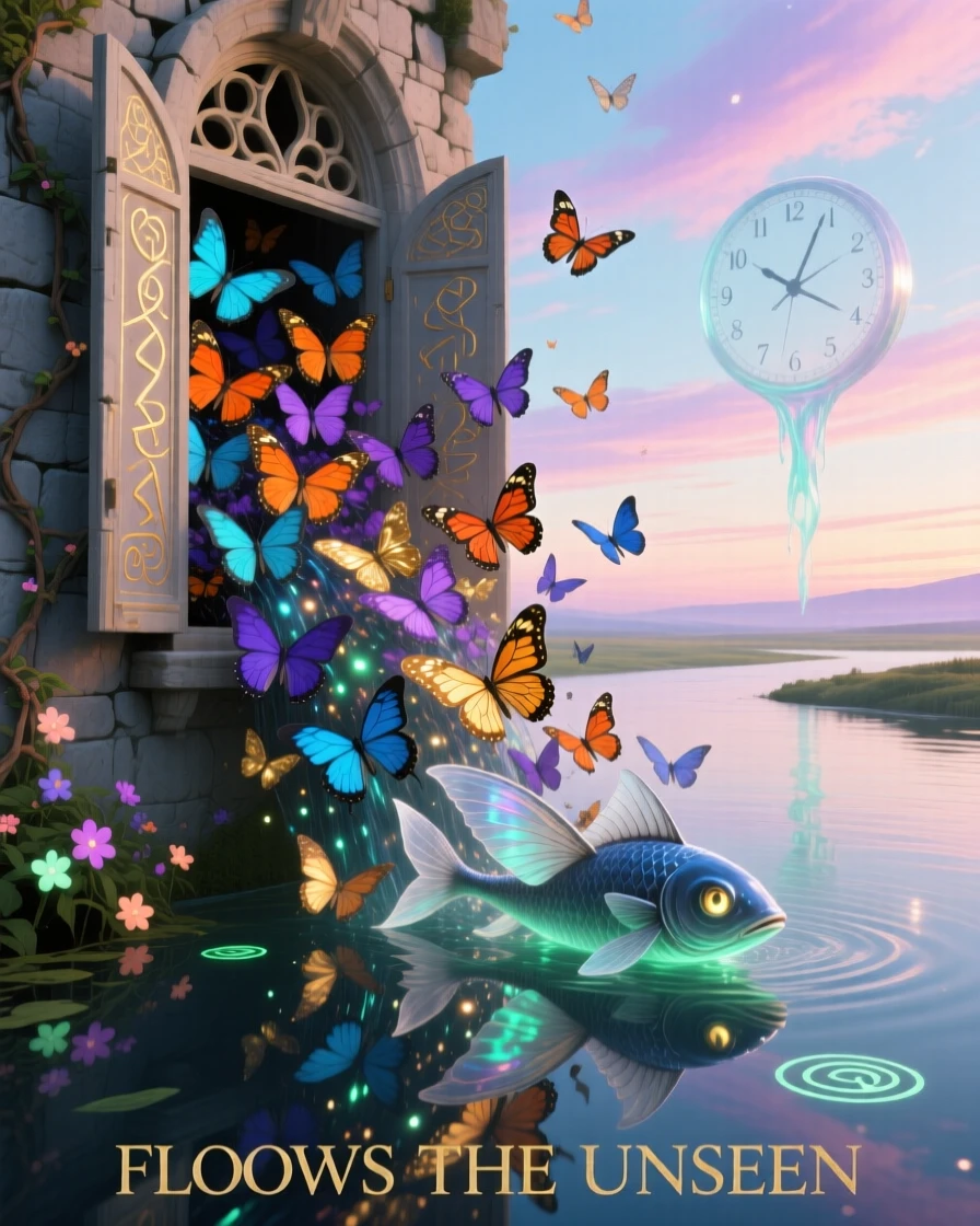 A swarm of butterflies pouring like a river from an open window travels slowly across a horizon streaked with soft color, as its reflection shows a slightly different creature entirely.