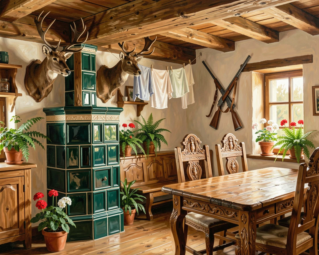 A cozy Bavarian hunting lodge interior shows carved wooden furniture, a tiled stove, and mounted trophies beneath a beamed ceiling, small everyday details, like drying laundry or potted plants, giving the scene a lived-in warmth.