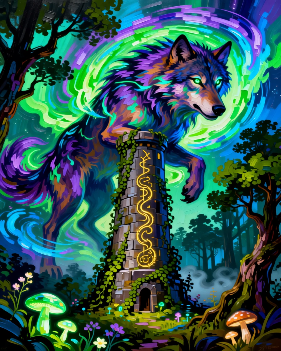 a titan wolf wreathed in aurora light circling a tower of ancient magic deep within an enchanted forest