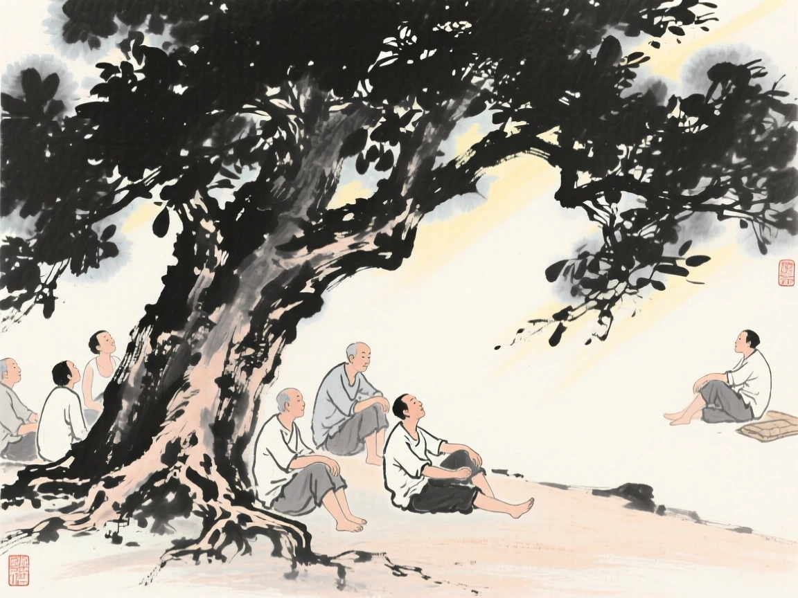 Villagers rest in the shade of a banyan tree during the midday heat, as the last light of a long summer day fades slowly.