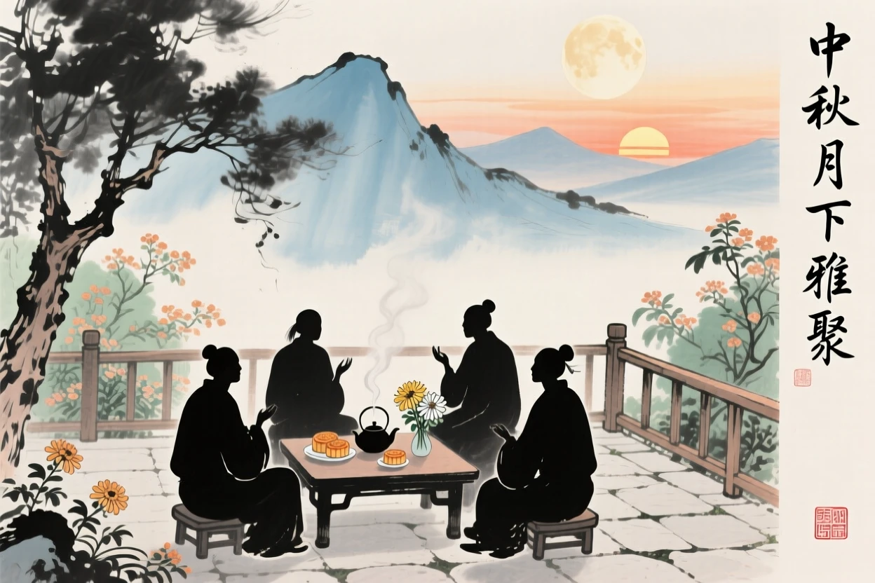 A moon viewing gathering on a garden terrace during the mid autumn festival, in the height of summer, as the sun sets behind distant peaks.