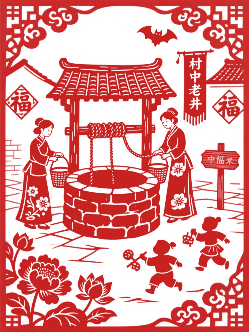 An old well at the center of a village square, women drawing water while children play nearby