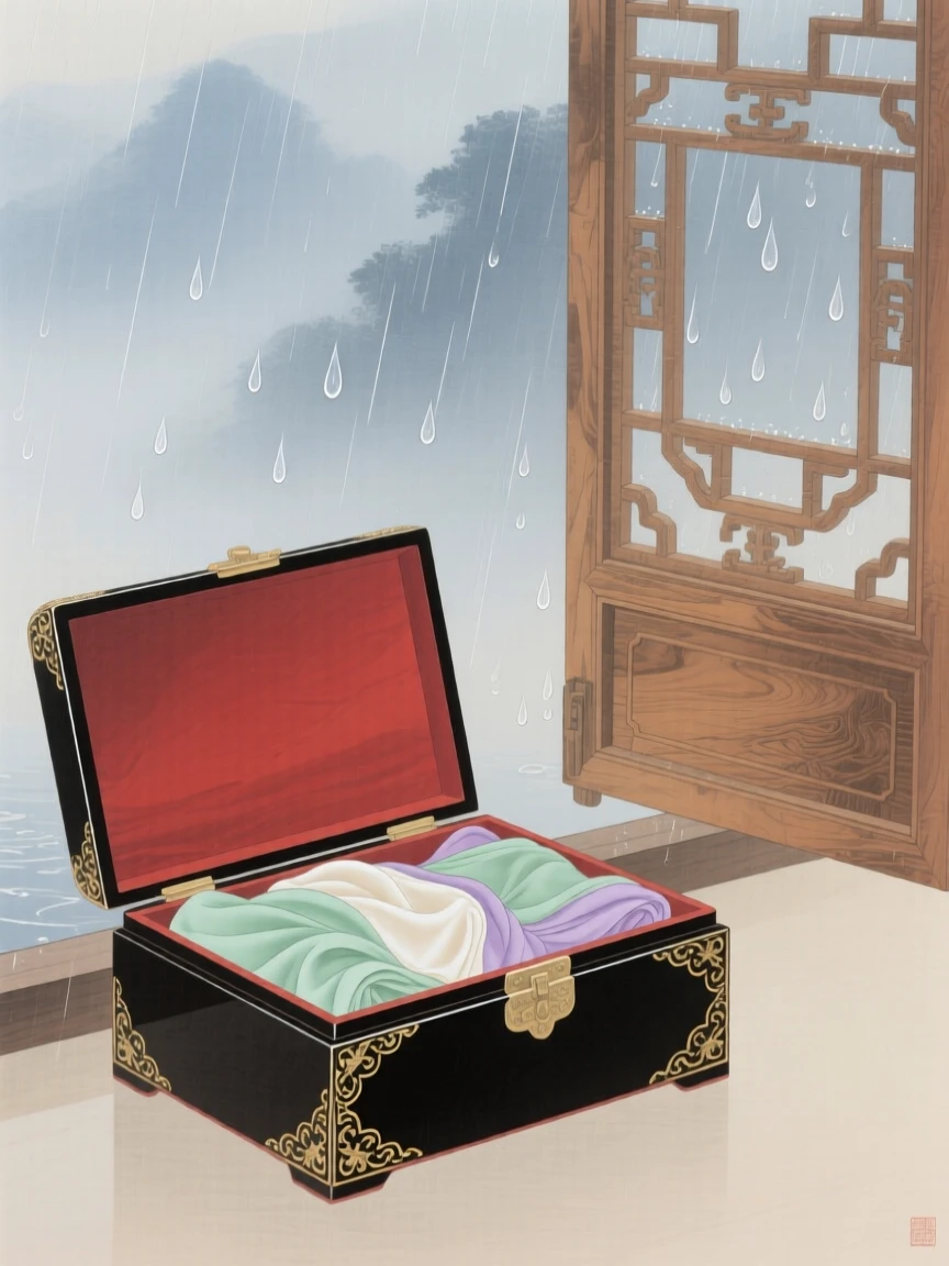 A lacquered box open to reveal folded silk fabric beside an open window with rain falling outside