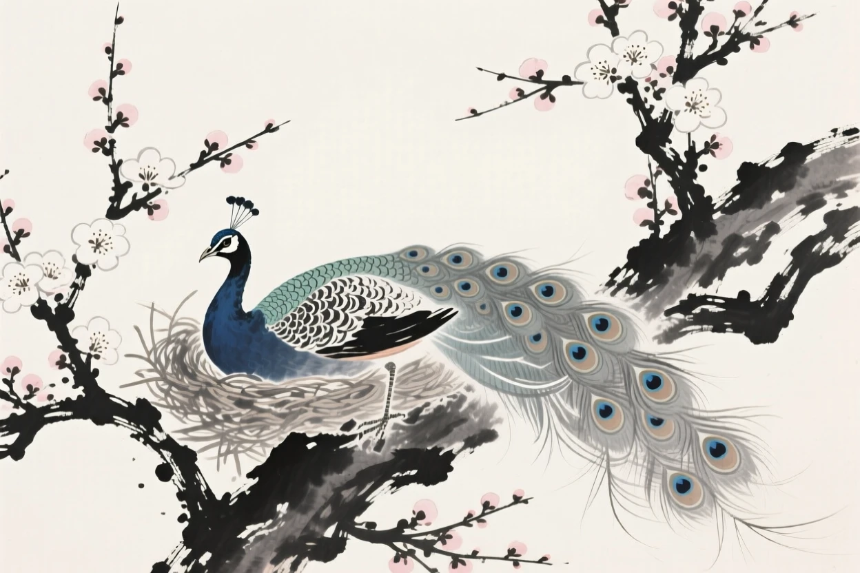 A peacock nesting among blossoming branches beside a blooming plum tree, seen up close with delicate feather detail, carrying a quiet, poetic stillness.