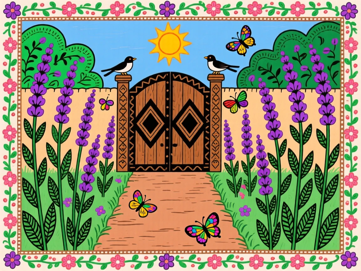 A cottage garden path lined with lavender leading to a wooden gate.