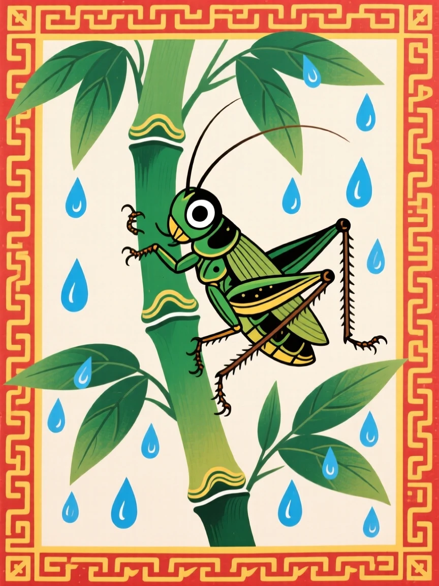 A cricket clinging to a bamboo stalk after rain.