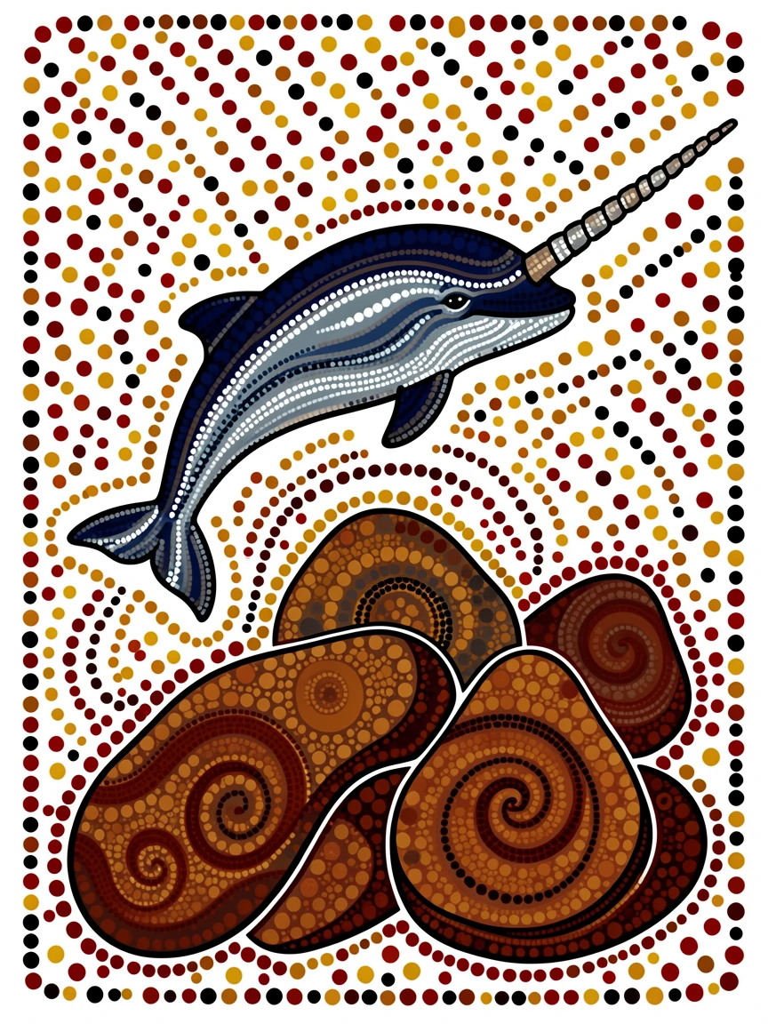 A narwhal swimming near a rocky reef