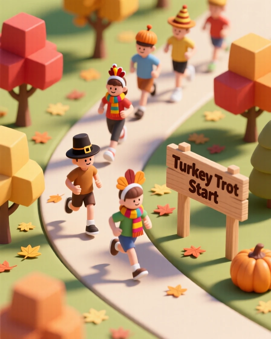 A Thanksgiving morning turkey trot fun run through a park, runners in festive hats jogging past falling leaves.