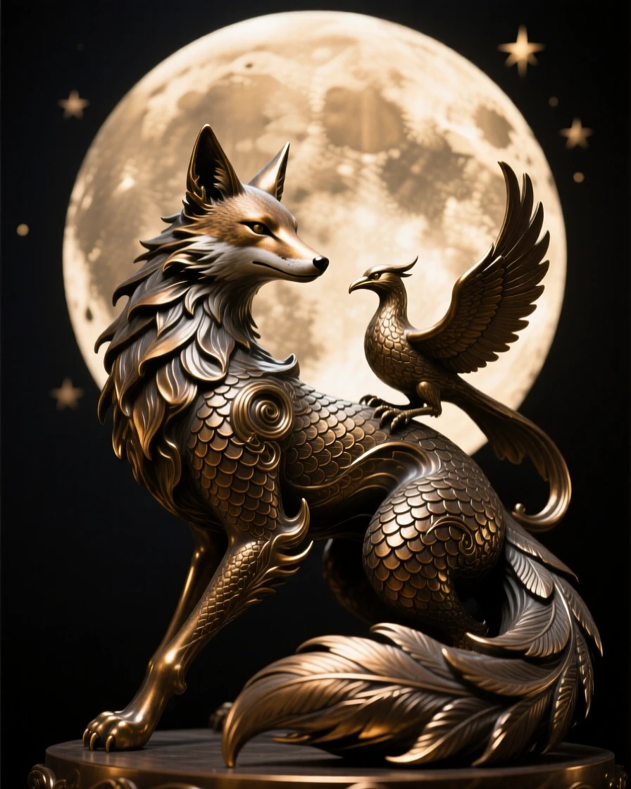 A shapeshifting fox spirit under a full moon, with intricate scale and feather detail, radiating awe and grandeur