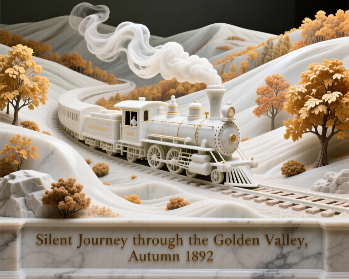 A beautifully composed image of a train winding through a golden autumn valley, in a moment of quiet stillness, full of atmosphere and visual storytelling