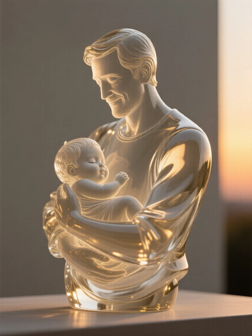 As golden light spills across the room, a father carrying his sleeping child home at dusk, while quiet joy fills the space between them