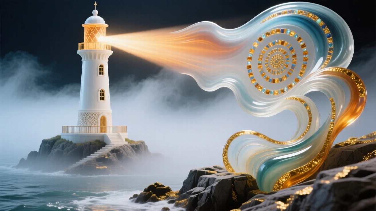 A grand lighthouse beam cutting through fog over a rocky coastline, mysterious and iconic.
