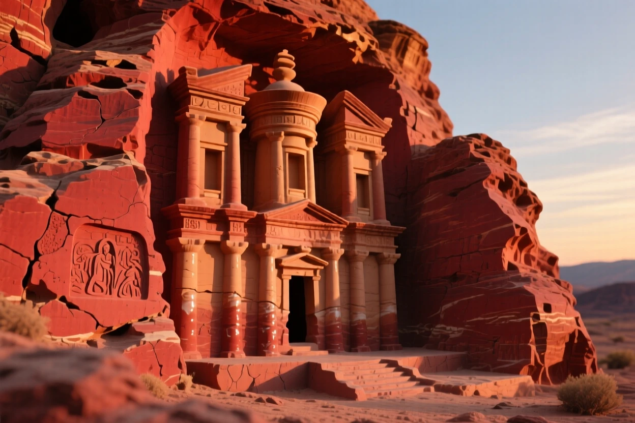 A desert temple carved into red rock silhouetted against a fading twilight, bathed in the golden light of late afternoon, evoking timeless wonder and quiet grandeur.