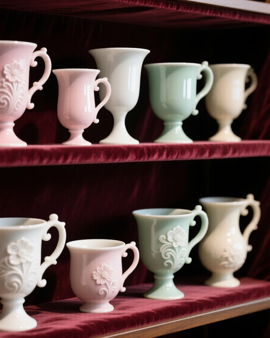 A collection of ceremonial goblets arranged on a velvet-lined shelf, each piece catching the light differently.
