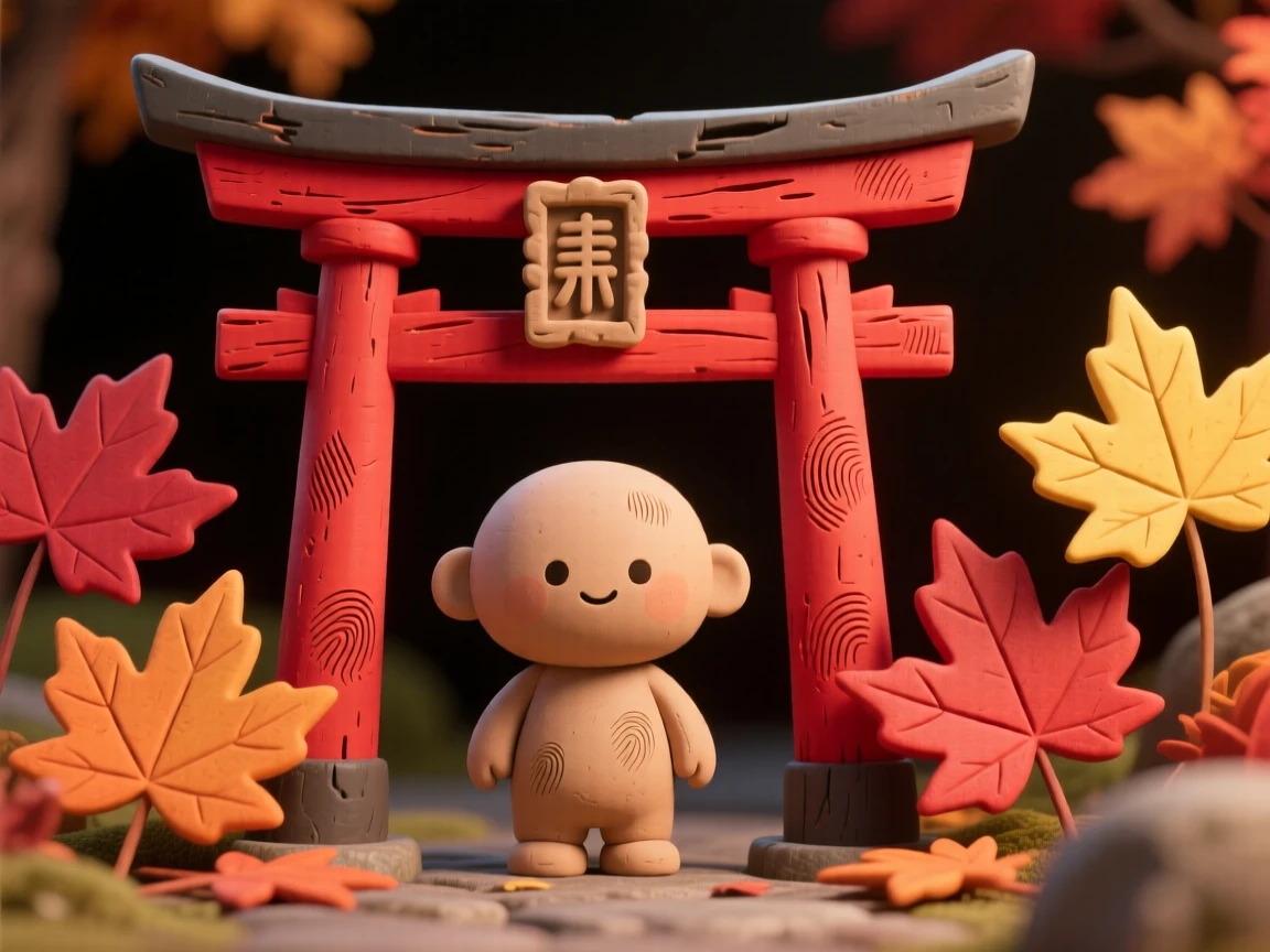 A traditional Japanese torii gate framed by autumn maple leaves