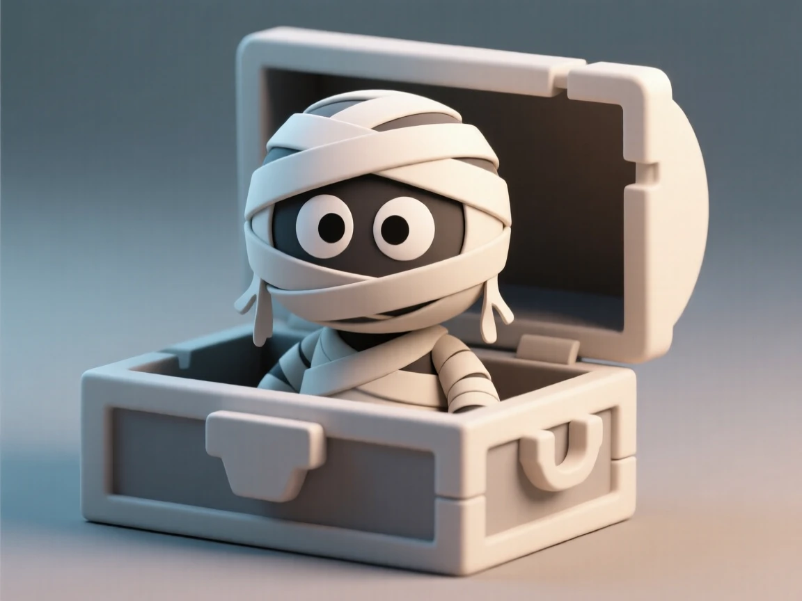 A curious mummy peeks out from a sarcophagus, bandages slightly unraveled and eyes wide with playful mischief.