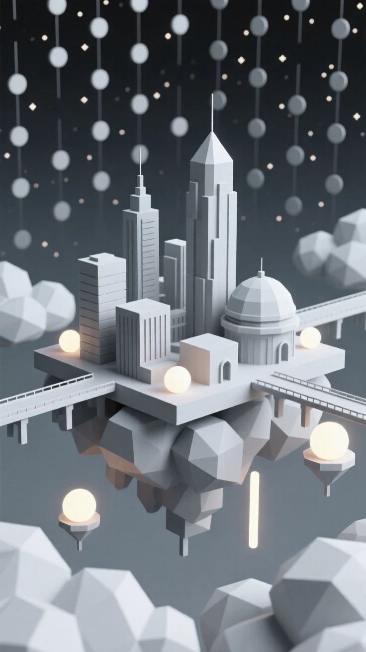 A futuristic city floating among the clouds, beneath a sky filled with countless stars. soft glowing light sources create a sense of depth and scale. It captures a feeling of peaceful isolation.