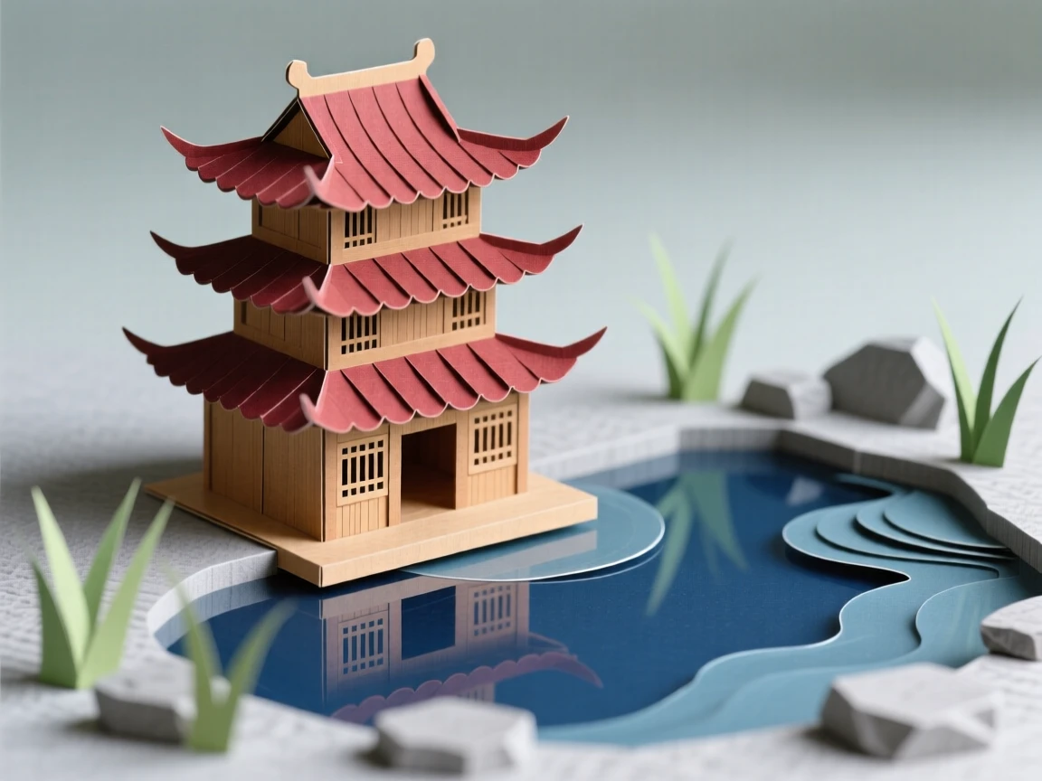 A traditional wooden pagoda reflecting brilliantly in nearby still water, with reflections shimmering on a nearby pool, capturing refined elegance and history.