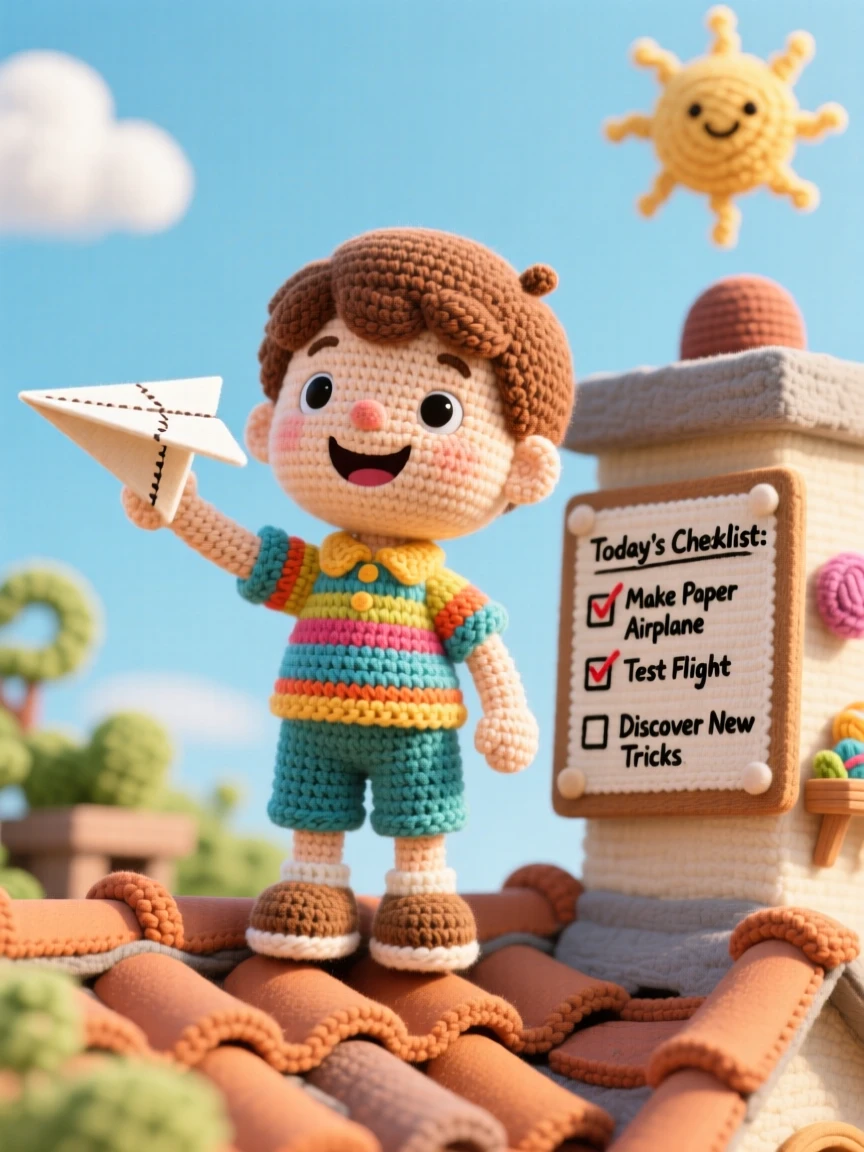 a small boy flying a homemade paper airplane, with a proud grin, is captured launching it from a sunny rooftop in a quiet backyard workshop beside a cheerful checklist pinned to a board, showing joyful discovery and playful learning.
