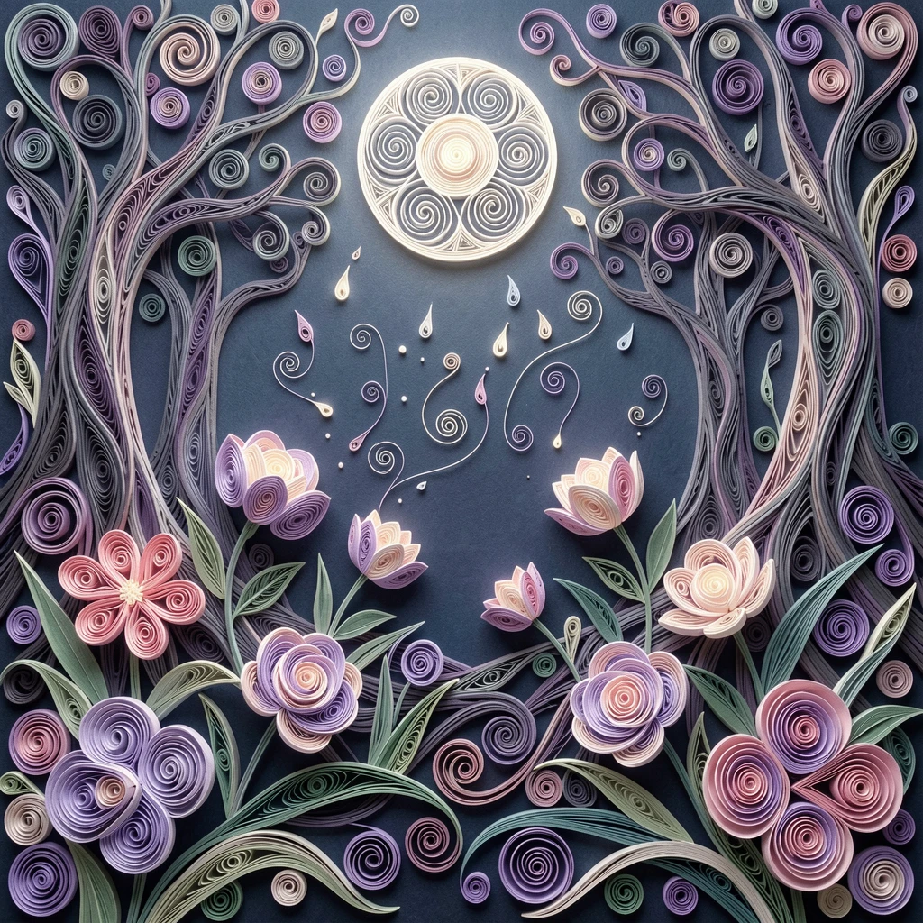 A magical fantasy scene of a moonlit garden where flowers glow softly at night within an ancient enchanted forest, in dreamy pastel tones of lavender and rose, composed with swirling magical particles filling the air.