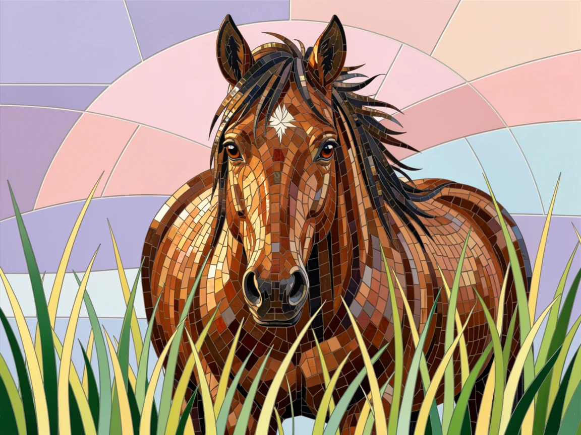 A close-up portrait of a wild horse standing in a field of tall grass at dawn, showing rich fur or feather detail and expressive eyes.