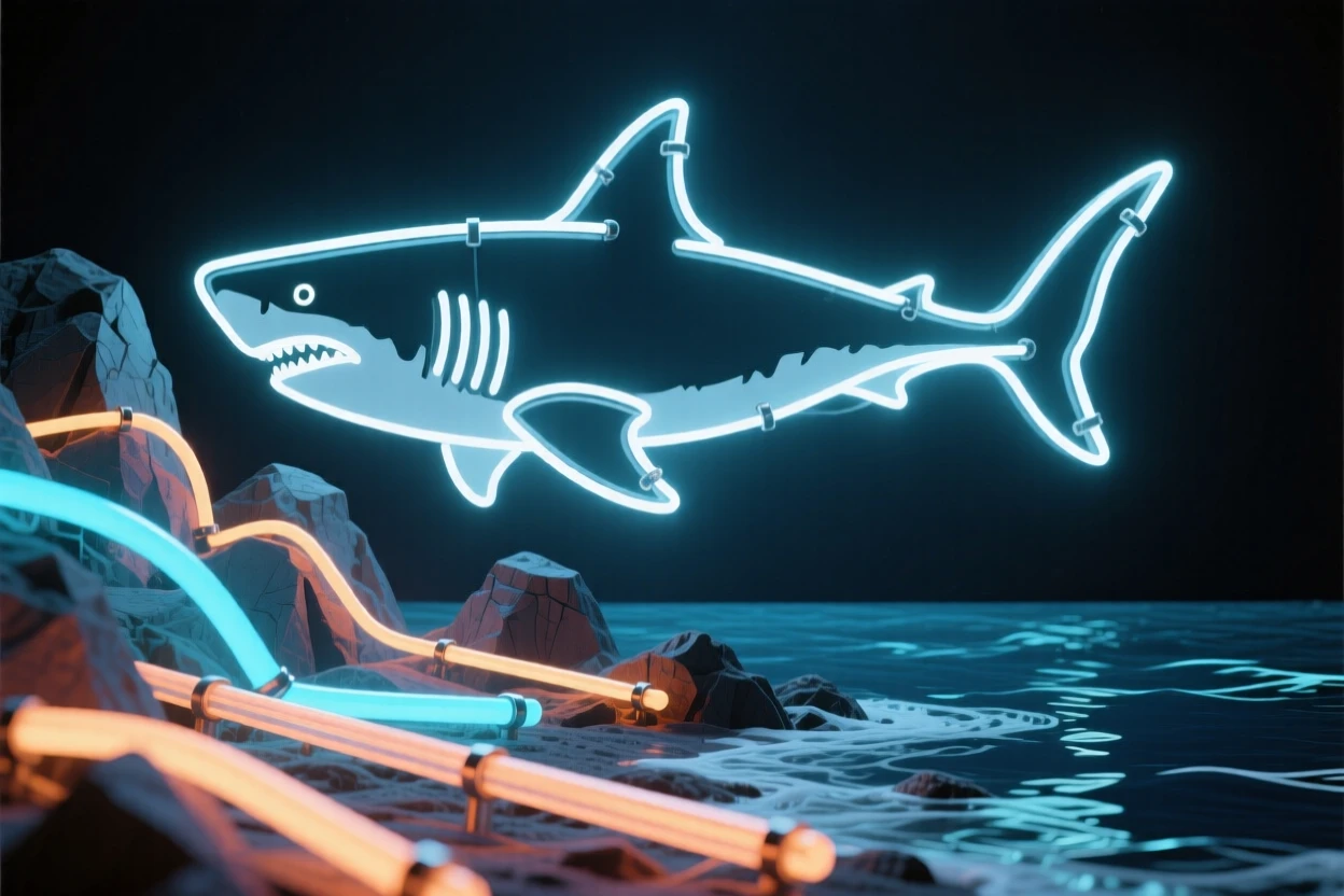 A great white shark gliding beneath the surface near a rocky coast.