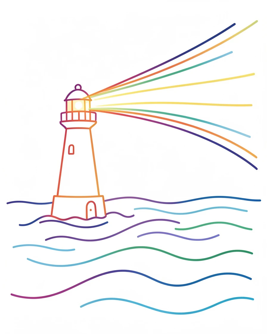 A single lighthouse beam sweeping across a calm nighttime sea.